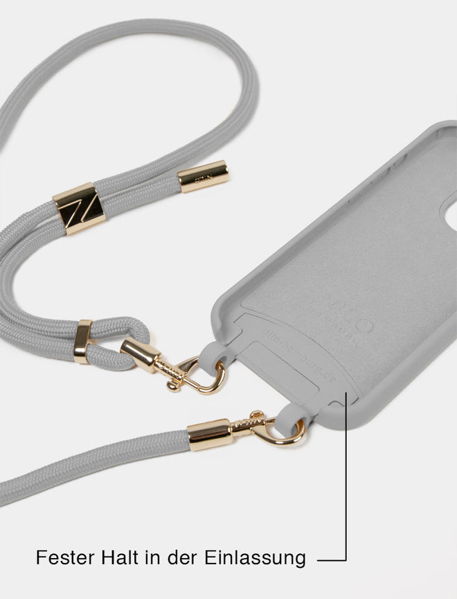 Graue Handyhülle mit Handykette